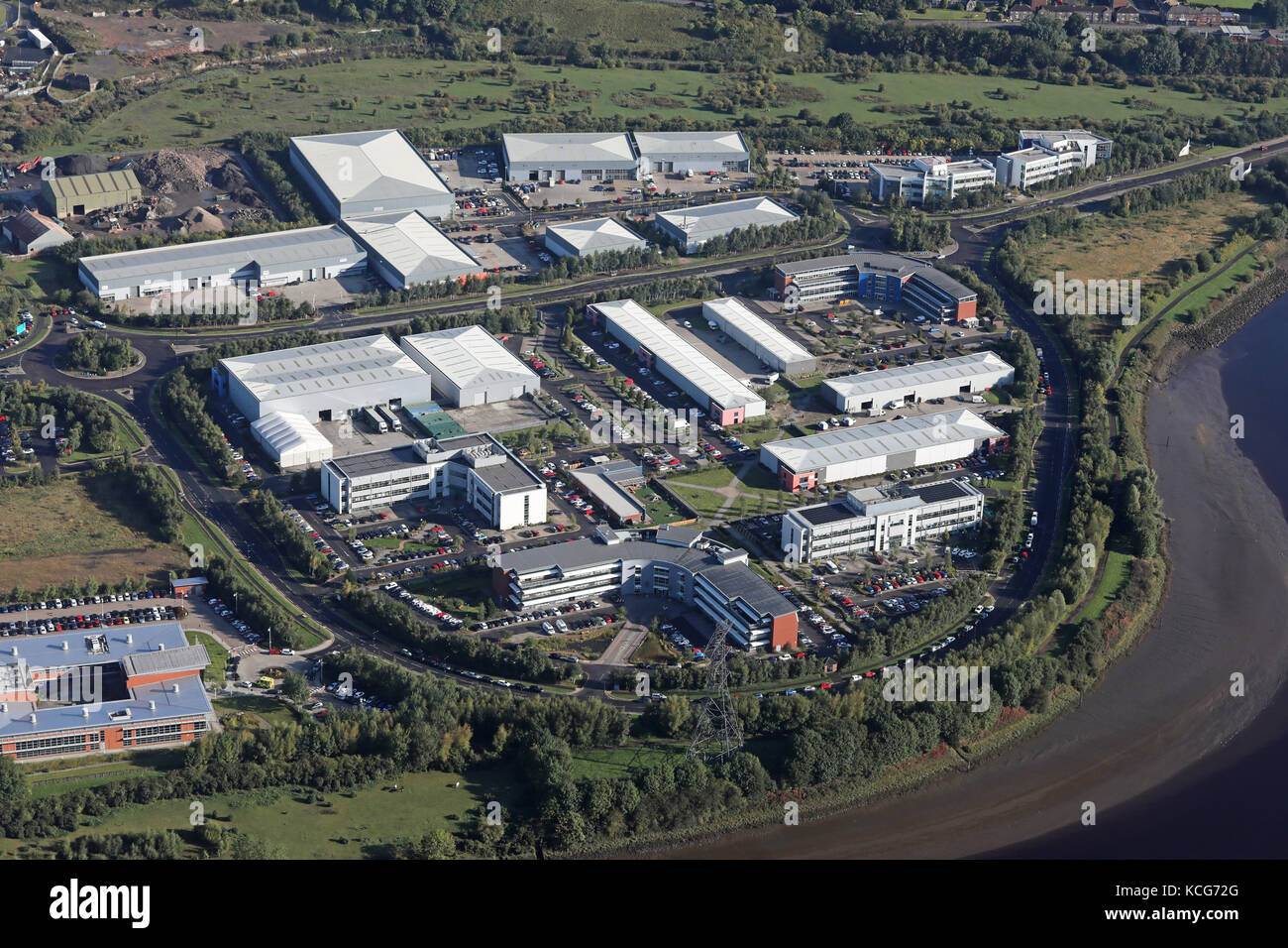 Vista aérea de Newburn Riverside Park, Newcastle upon Tyne, Reino Unido Foto de stock