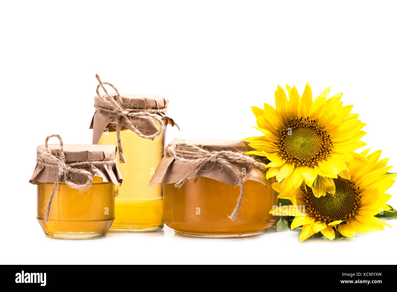 Girasol y Miel en tarros de vidrio Foto de stock