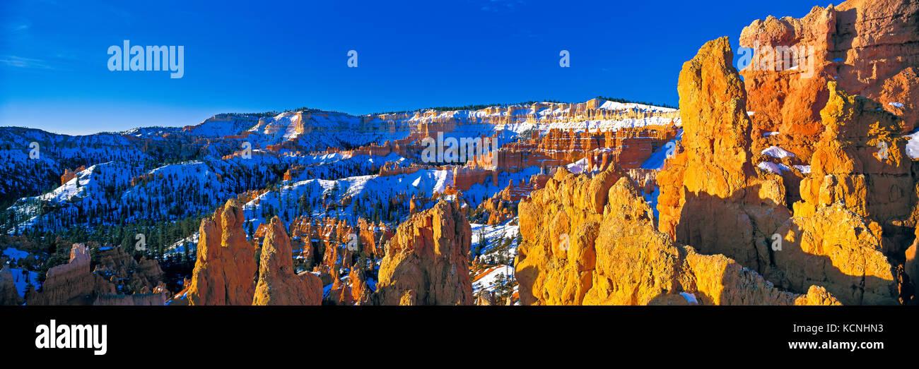 Temprano por la mañana en un día de invierno frío helado con vistas a un gigantesco anfiteatro natural creado por la erosión en Bryce Canyon National Park en Utah, EE.UU.. Foto de stock