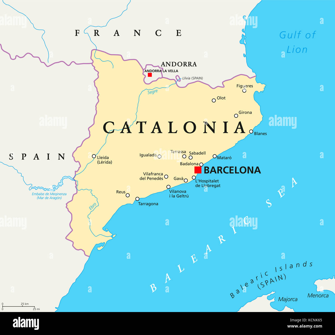 Mapa político de Cataluña con capital barcelona, fronteras y ciudades  importantes. comunidad autónoma de España en la península ibérica.  Ilustración Fotografía de stock - Alamy