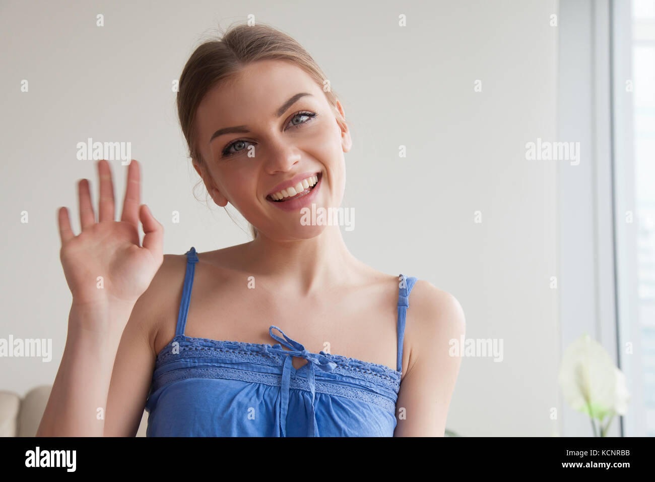 Sonriente jovencita agitando la mano mirando la cámara web, feliz señorita hacer video llamada en casa, saludo por webcam online o grabación videoblog, dicen Foto de stock