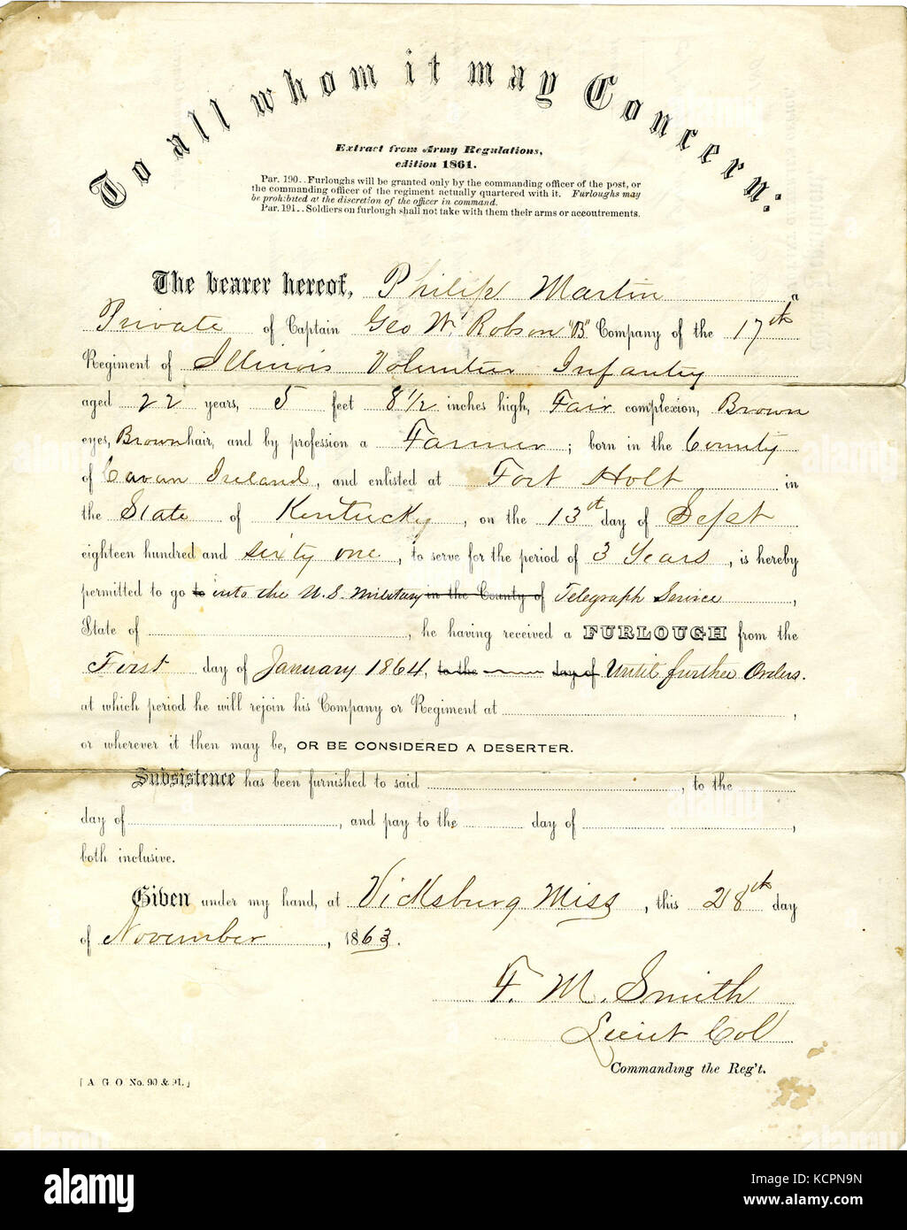 Licencia de Philip Martin, firmado F.M. Smith, 28 de noviembre de 1863 Foto de stock