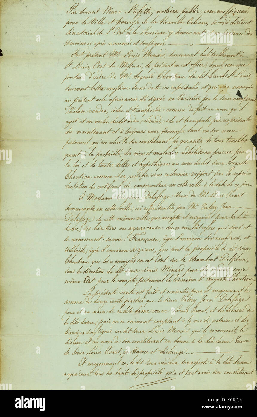 Documento firmado M. Lafitte, notario público de la ciudad de Nueva Orleans, 20 de diciembre de 1822 Foto de stock