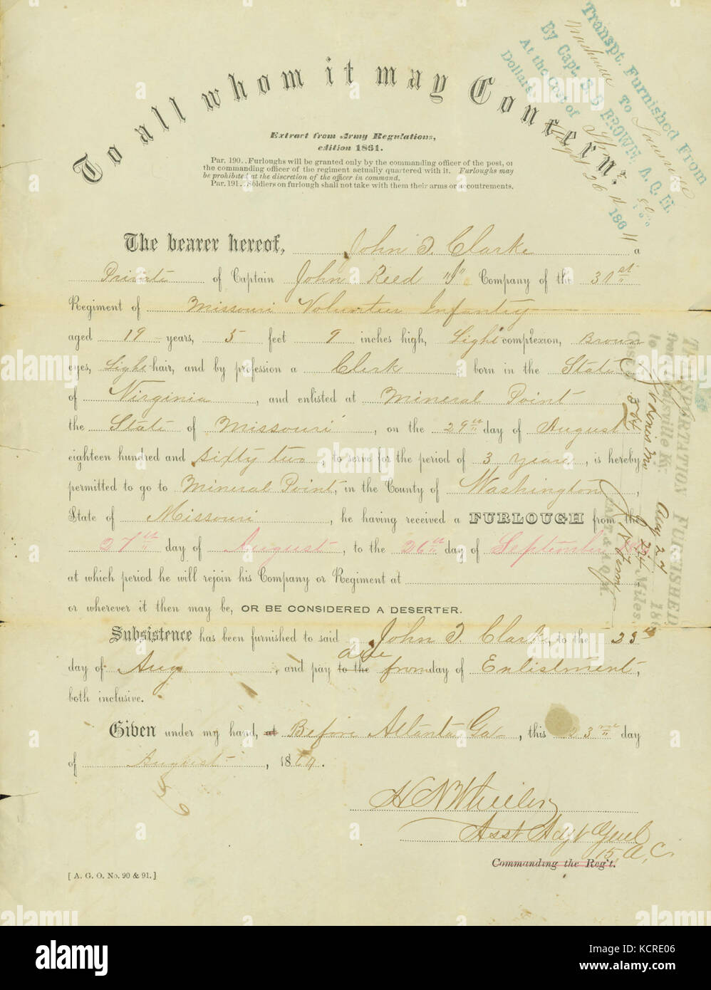 Licencia de John T. Clarke, firmado H.N. Wheeler, Ayudante General ayudante, 15 A.C., antes de Atlanta, Georgia, 23 de agosto de 1864 Foto de stock