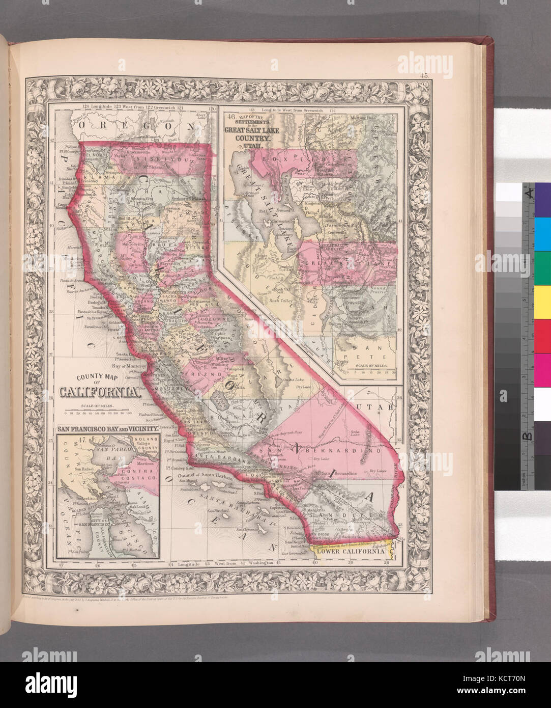 Mapa del condado de California; Mapa de los asentamientos en el gran país de Salt Lake, Utah (recuadro); y en los alrededores de la Bahía de San Francisco (recuadro) (NYPL B13663520 1510822) Foto de stock