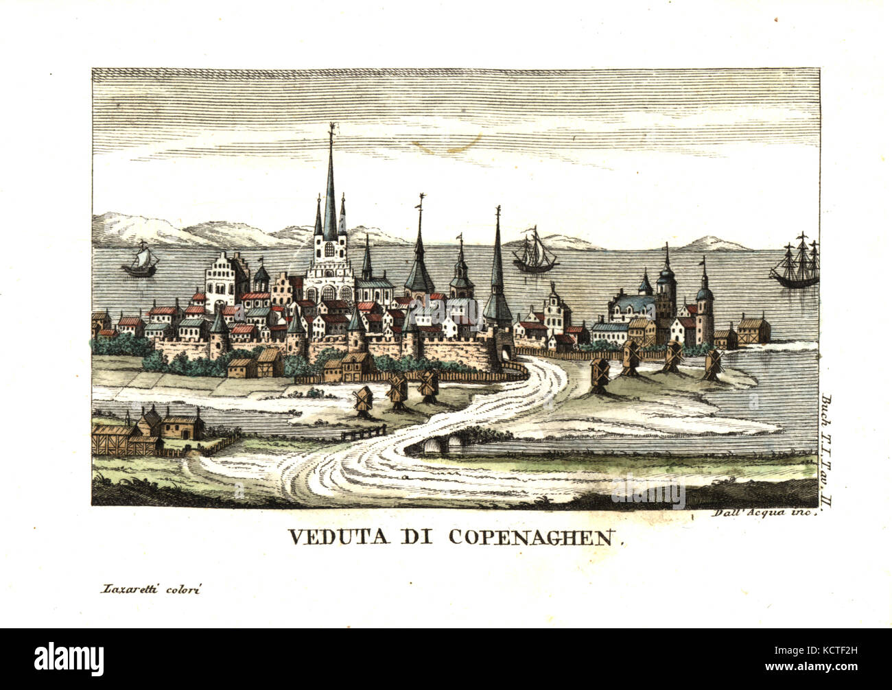 Vista de Copenhague, Dinamarca, circa 1808. Ilustración de Leopold von Buch viaja a través de Noruega y Laponia, 1813. Copperplate grabado por Dell'Acqua handcolored por Giovanni Battista Sonzogno Lazaretti desde la recopilación de los más interesantes viajes (Raccolta de Viaggi Piu Interessanti), Milán, 1815-1817. Foto de stock