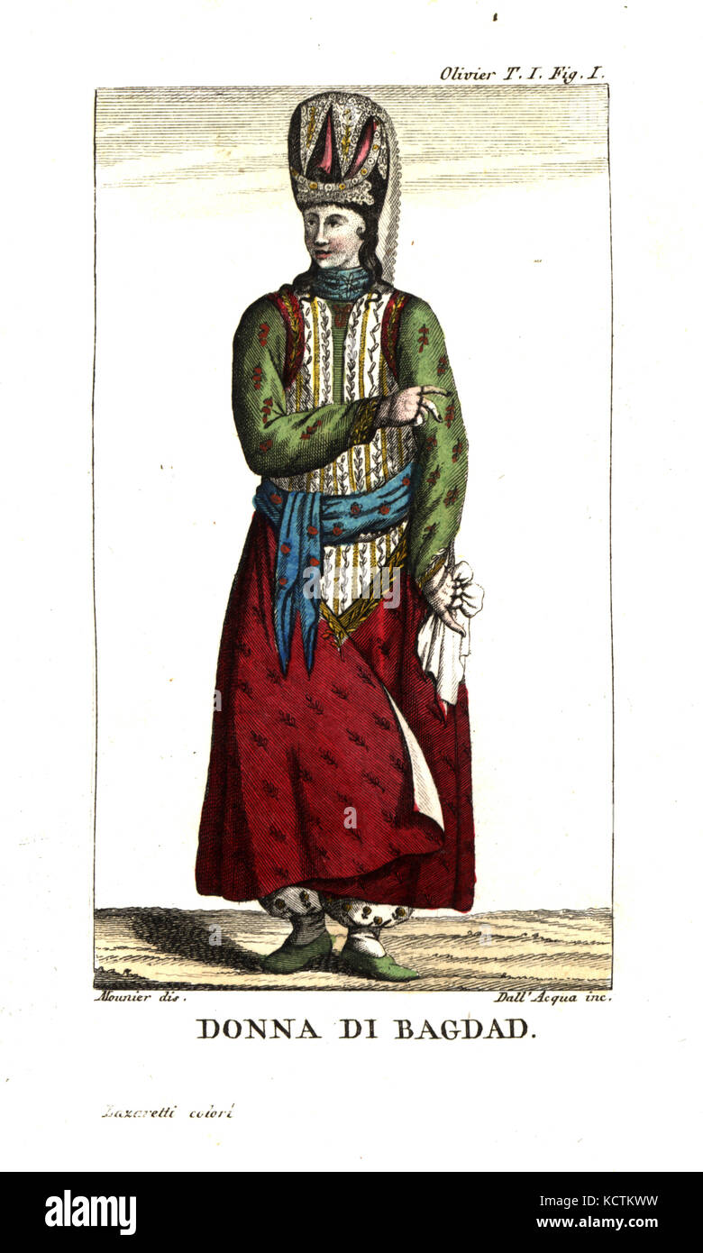 Mujer de Bagdad en traje formal. Ilustración por Mounier desde  Guillaume-Antoine Olivier viaja en el Imperio Otomano, Egipto y Persia,  1801. Copperplate grabado por Dell'Acqua handcolored por Giovanni Battista  Sonzogno Lazaretti desde