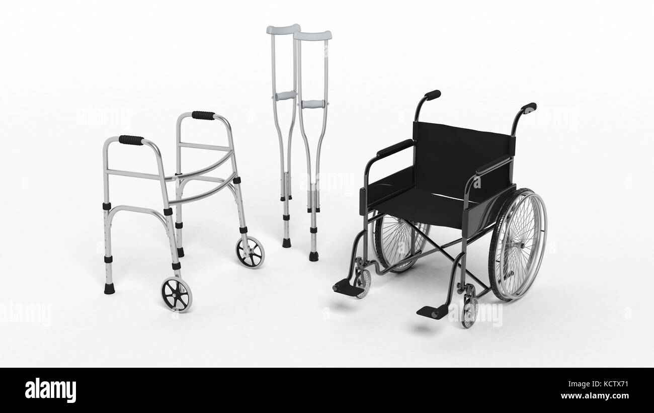 Discapacidad negro sillas de ruedas, muletas y andador metálico aislado en  blanco Fotografía de stock - Alamy