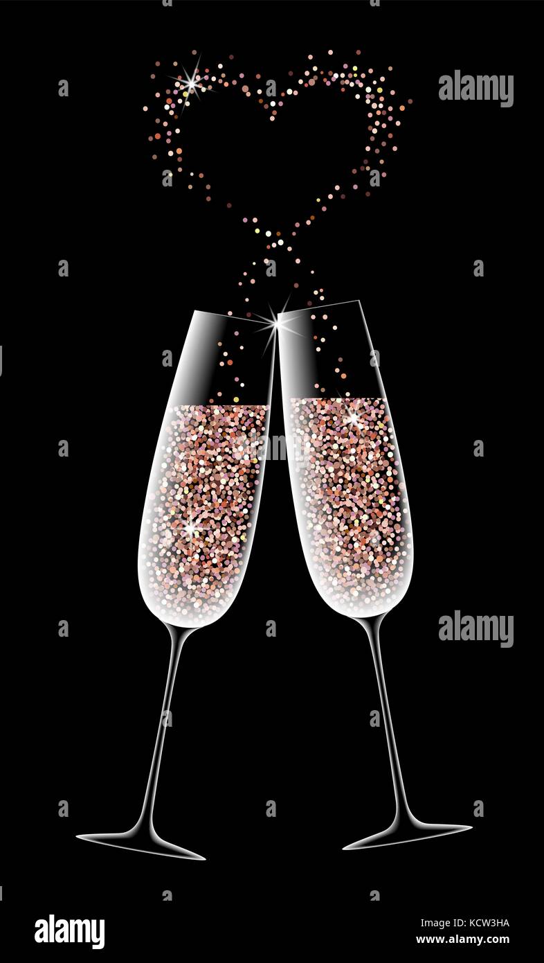 Dos copas de champaña sobre un fondo negro. La rosa de oro.. El símbolo del  corazón brillante cena romántica. ilustración vectorial Imagen Vector de  stock - Alamy