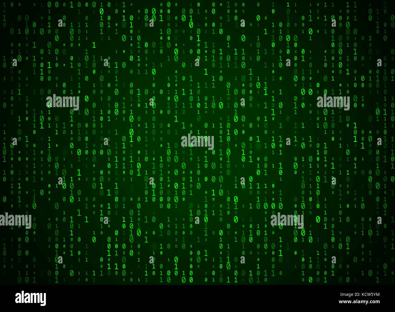 Código binario de vectores fondo verde. Gran cantidad de datos y la programación de hacking, cifrado y descifrado profundo, equipo streaming números 1,0. codificación hacker Ilustración del Vector