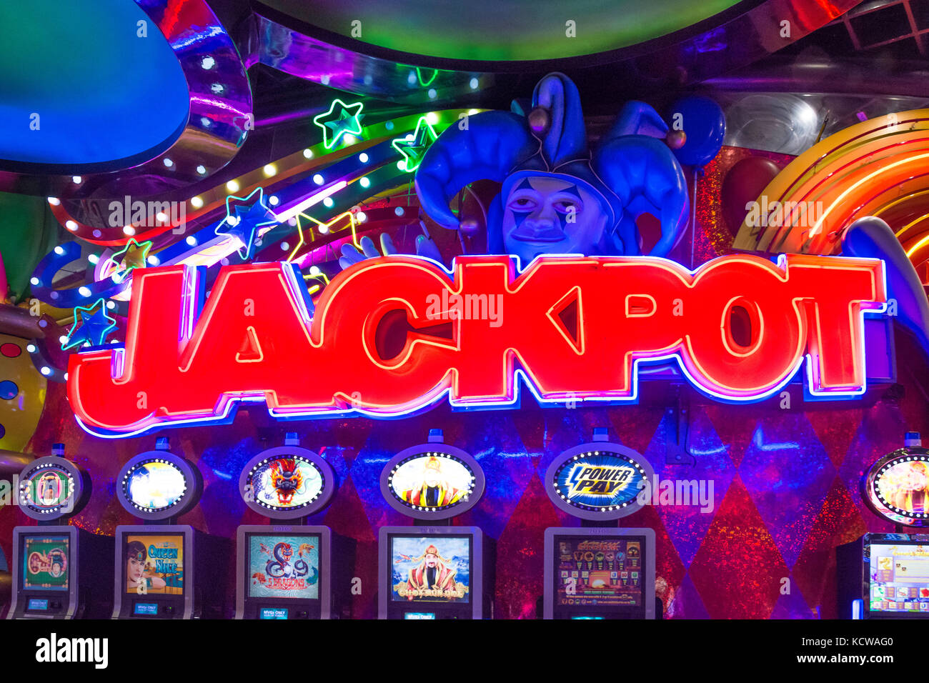 "Jackpot" signo en la Ciudad de Carnaval Casino & Entertainment World, Brakpan, East Rand, Mayor Johannesberg, provincia de Gauteng, República de Sudáfrica. Foto de stock