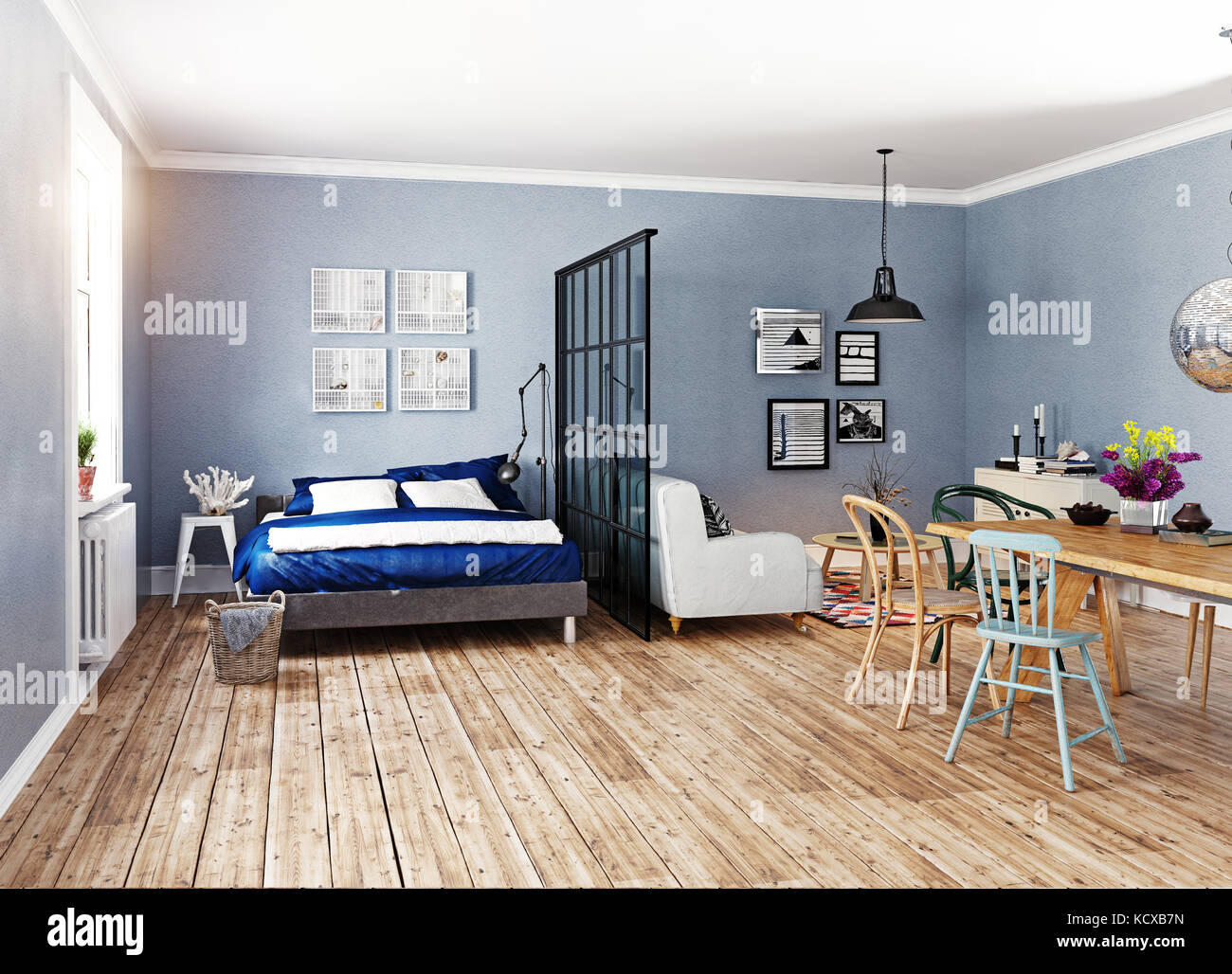 Apartamento moderno de estilo escandinavo. 3D rendering ilustración concepto Foto de stock