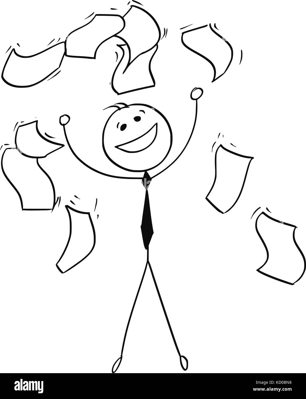 Cartoon stick man ilustración de felicidad feliz empresario arrojando documentos documentos en el aire y caer alrededor de él. Ilustración del Vector