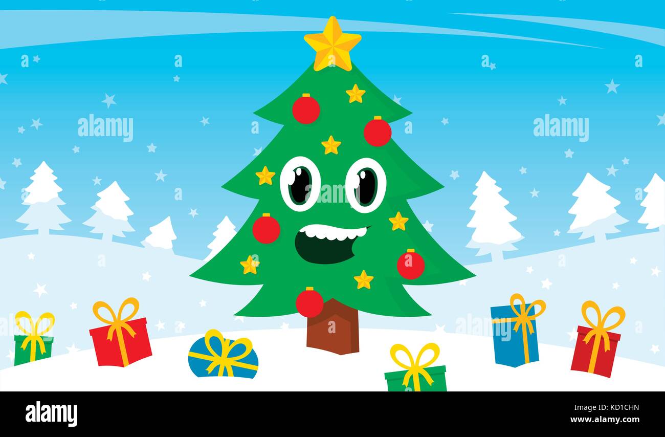 Feliz árbol de Navidad de dibujos animados con una cara sonriente rodeado  de regalos de Navidad de colores en un paisaje nevado de invierno con  colinas y árboles - vector Imagen Vector
