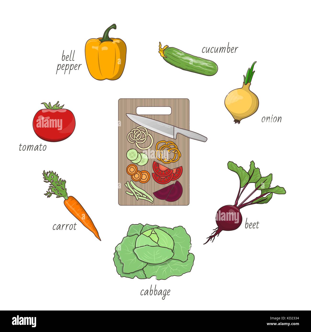 Ilustración vectorial de verduras picar sobre una tabla para cortar sobre  fondo blanco. cocina y preparación de alimentos tema Imagen Vector de stock  - Alamy