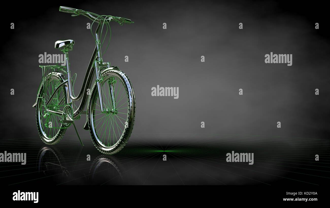 Representación 3D de una bicicleta reflectante con green esbozó las líneas  como blueprint sobre fondo oscuro Fotografía de stock - Alamy