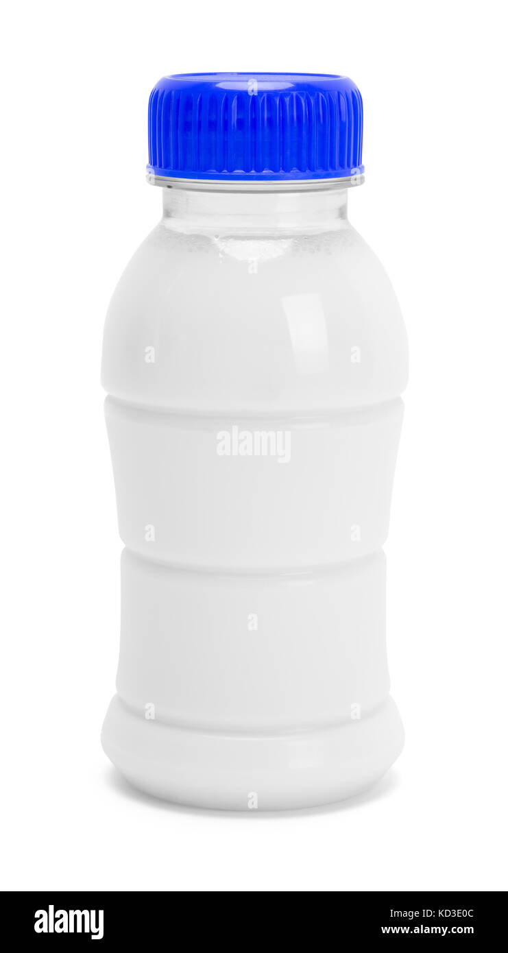 Pequeña botella de leche blanca aislado sobre un fondo blanco. Foto de stock