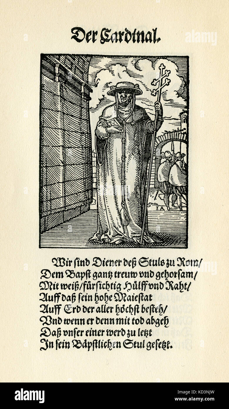 El Cardenal (der Cardinal), del Libro de las Trades / Das Standepauch (Panoplia omnium illiberalium mechanicarum...), Colección de cortes de madera de Jost Amman (13 de junio de 1539 - 17 de marzo de 1591), 1568 con la rima acompañante de Hans sachs (5 de noviembre de 1494 - 19 de enero de 1576) Foto de stock