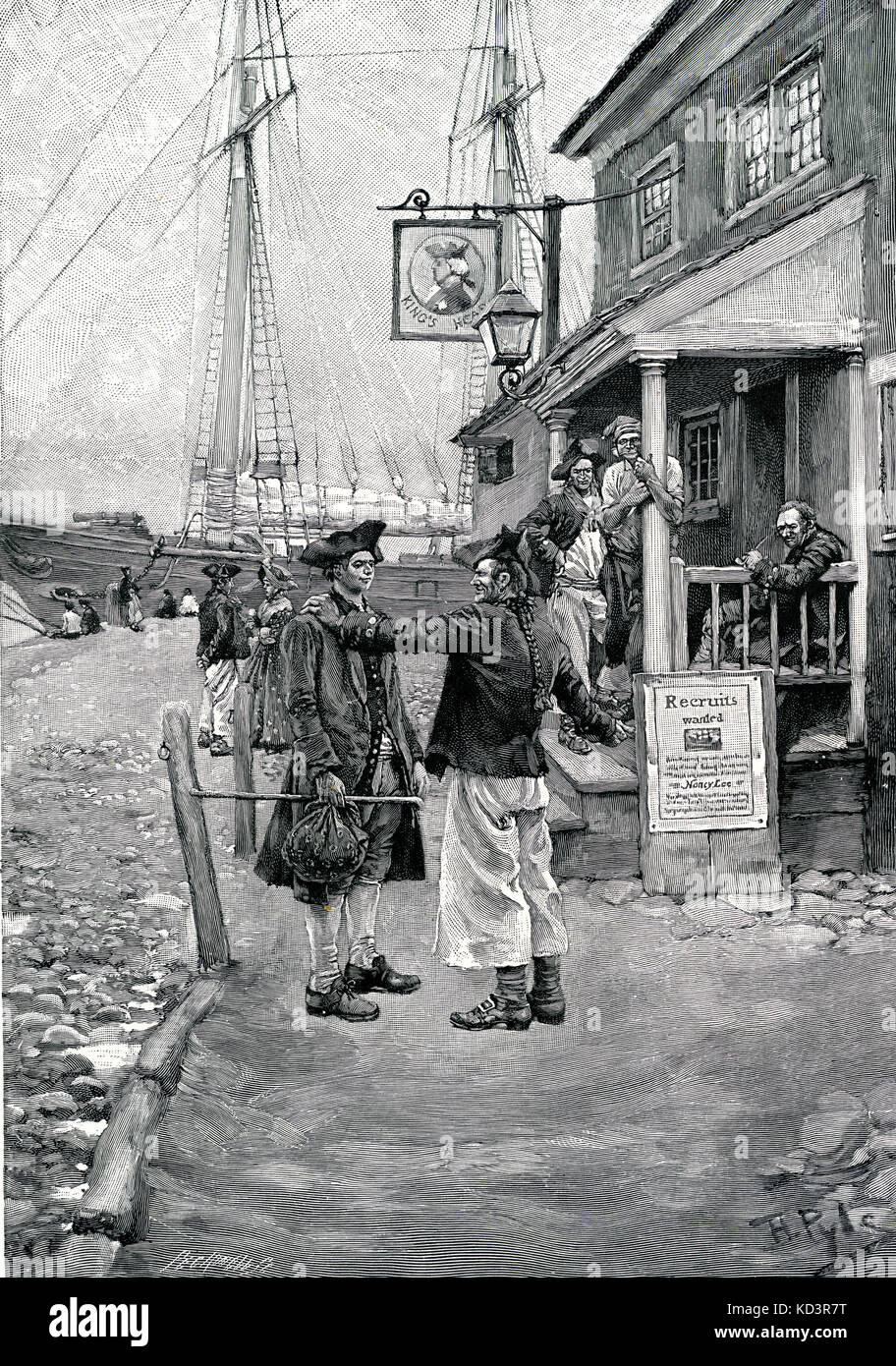 King's Head Tavern, Brownejohn's Wharf, Nueva York, se estableció como una estación de reclutamiento para el ejército británico durante la Revolución Americana, 1765 - 1783. Ilustración de Howard Pyle, 1908 Foto de stock
