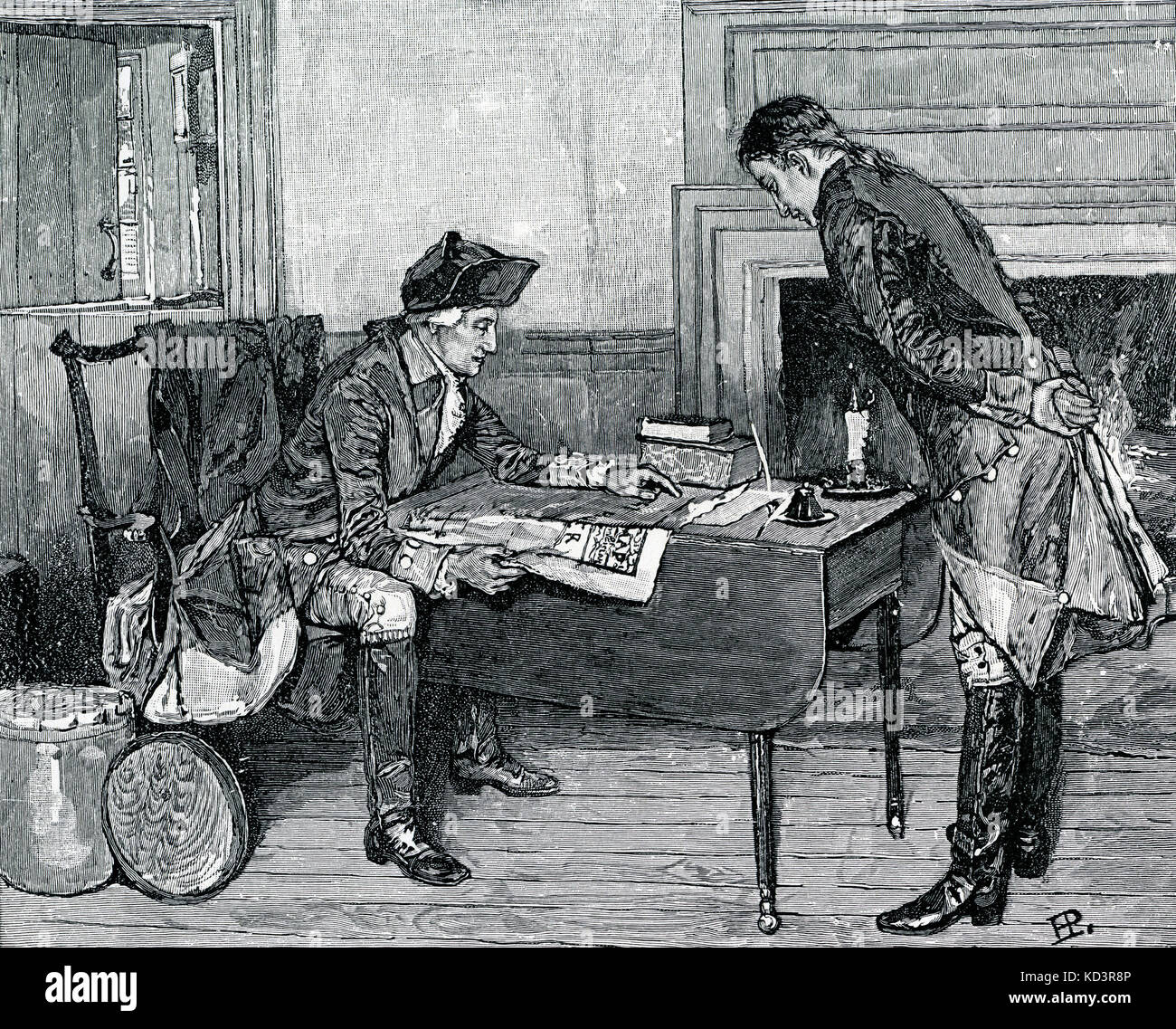 Nathan Hale recibe órdenes de George Washington antes de salir a espiar en el campamento británico. Revolución americana. Ilustración de Howard Pyle, 1901 Foto de stock