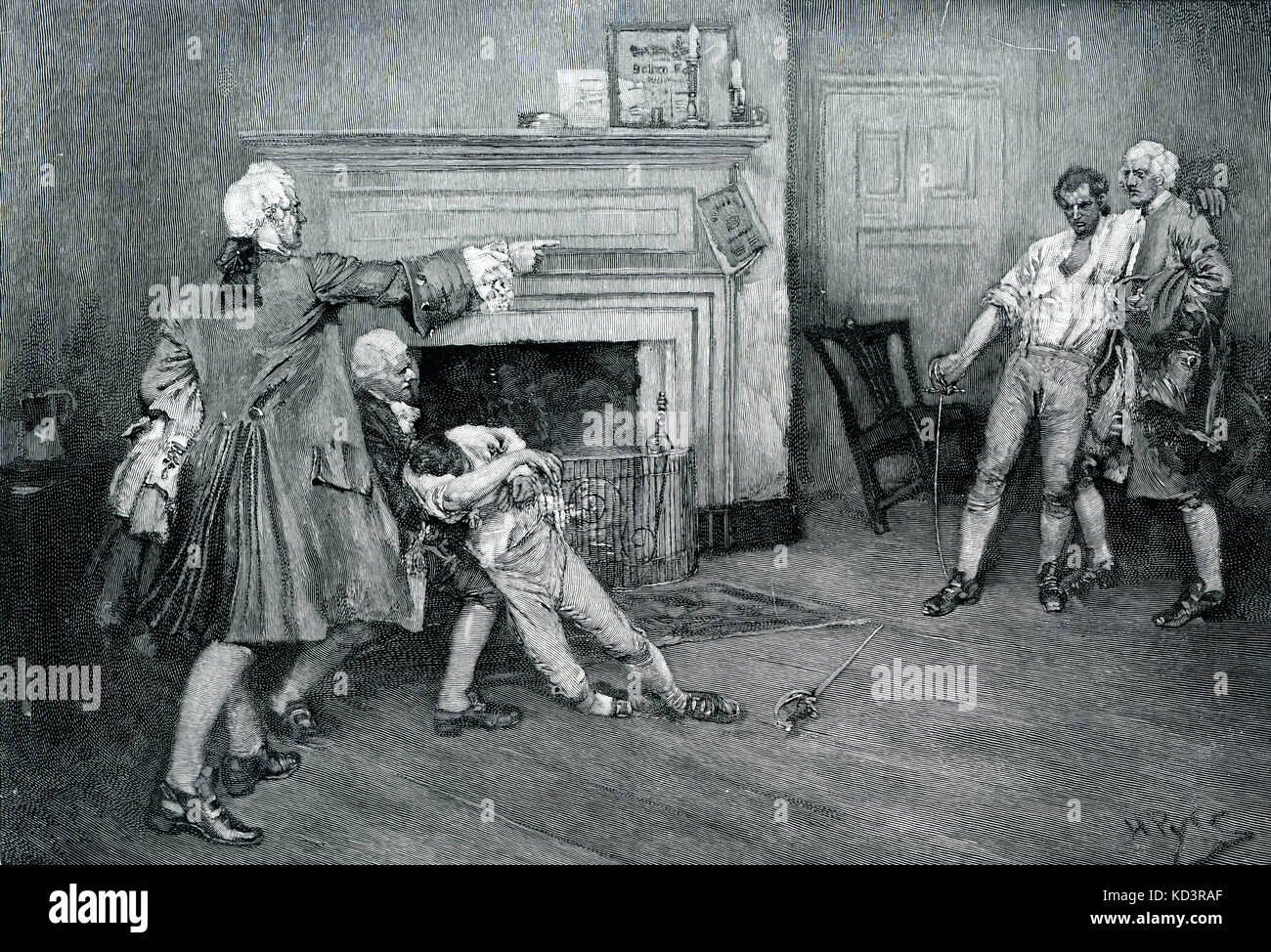 El capitán Tollemache, comandante británico, es ejecutado y asesinado en un duelo con el capitán Pennington en la tara de City Arms, colonial en Nueva York, siglo XVIII. Ilustración de Howard Pyle, 1896 Foto de stock