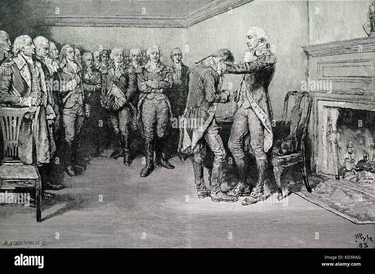 Washington toma salir de sus oficiales, el 4 de diciembre de 1783, tras el final de la Revolución Americana. Ilustración de Howard Pyle, 1896 Foto de stock