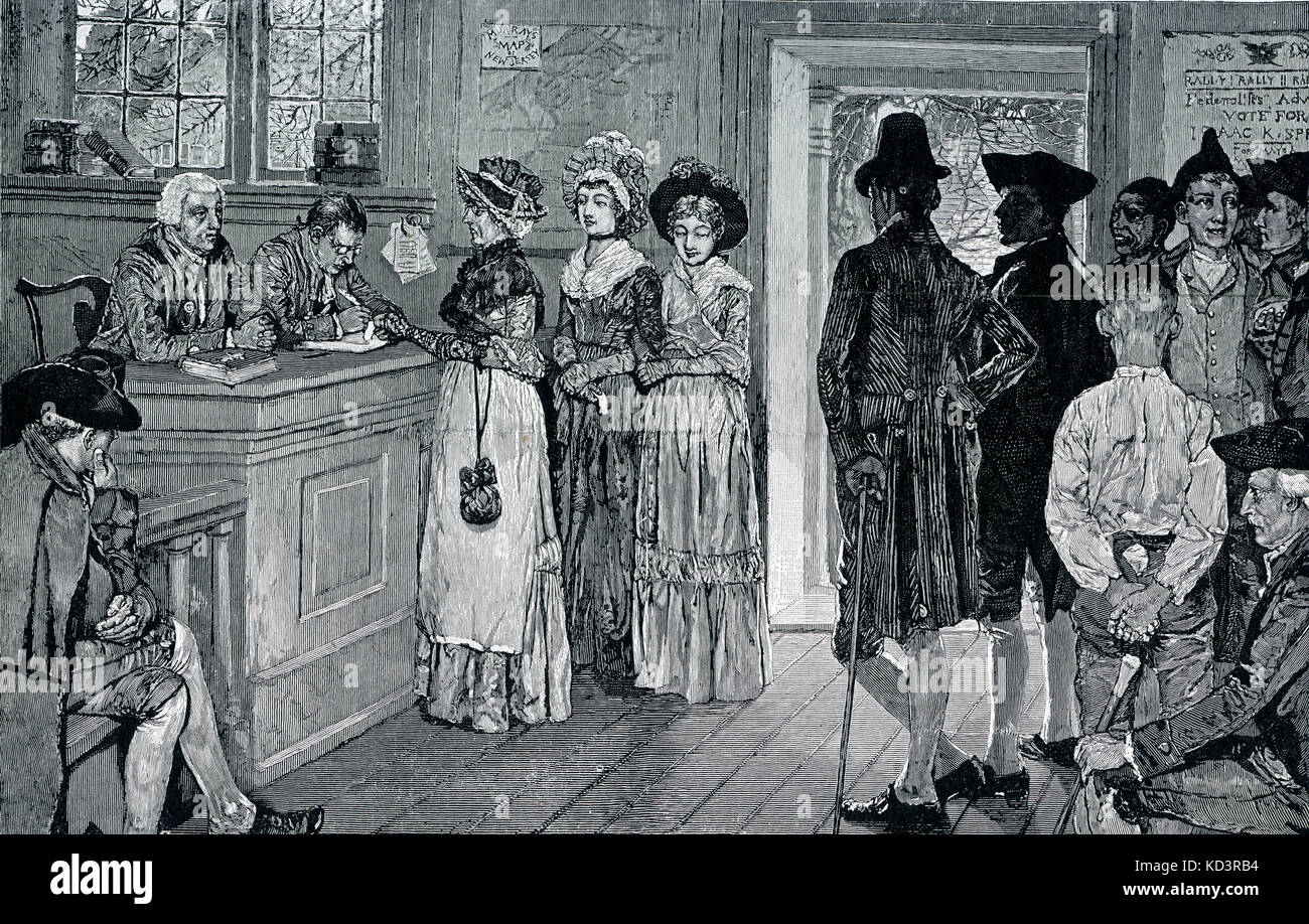Las mujeres votando en las urnas de Nueva Jersey - las mujeres tuvieron el voto de 1790 a 1807, cuando la Asamblea General limitó el sufragio a ciudadanos libres, blancos y masculinos. Ilustración de Howard Pyle, 1880 Foto de stock
