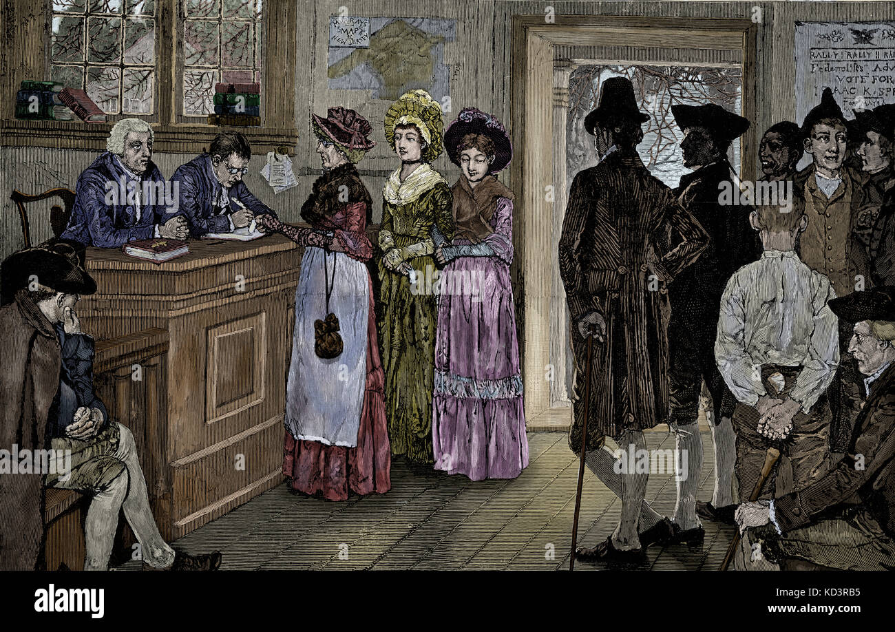 Las mujeres votando en las urnas de Nueva Jersey - las mujeres tuvieron el voto de 1790 a 1807, cuando la Asamblea General limitó el sufragio a ciudadanos libres, blancos y masculinos. Ilustración de Howard Pyle, 1880 Foto de stock
