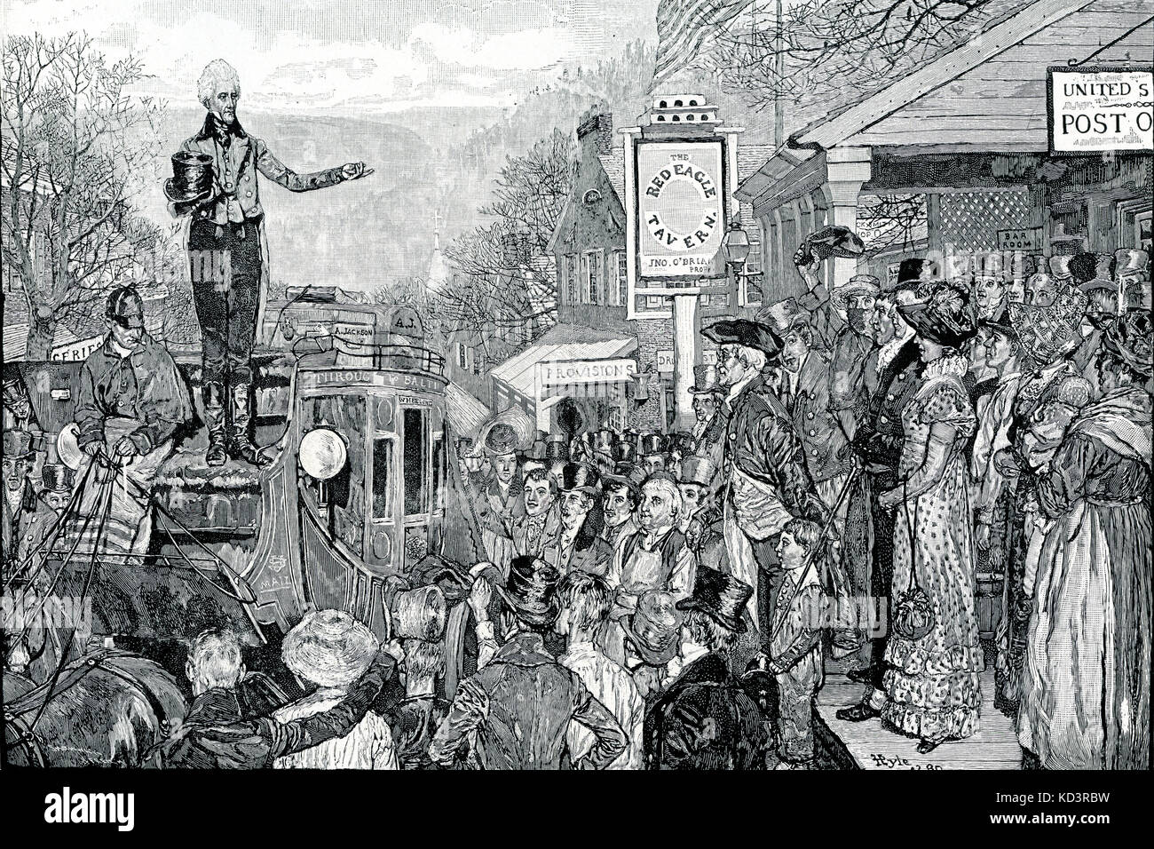 Andrew Jackson como Presidente electo en su camino a Washington, 1829. Séptimo Presidente de los Estados Unidos. Ilustración de Howard Pyle, 1911 Foto de stock