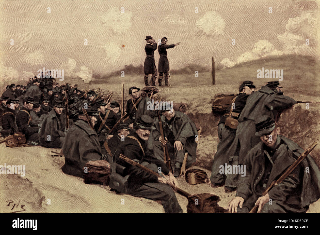 Soldados del ejército federal esperan la orden de cobrar, Guerra Civil Americana 1861 - 1865. Ilustración de Howard Pyle, 1909 Foto de stock