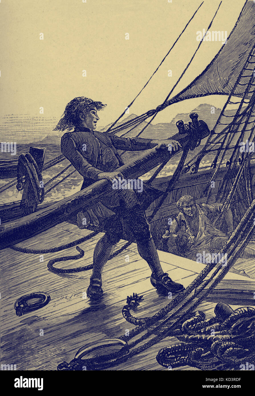 La Isla del Tesoro de Robert Louis Stevenson. El título dice: "puse el timón duro y la Hispaniola girarla rápidamente." (Jim Hawkins" volver a la Hispaniola.) Capítulo XXVI de manos de Israel. Publicado por primera vez en 1881-82. RLS: escocés, poeta, novelista y escritor de viajes, el 13 de noviembre de 1850 - 3 de diciembre de 1894. Foto de stock