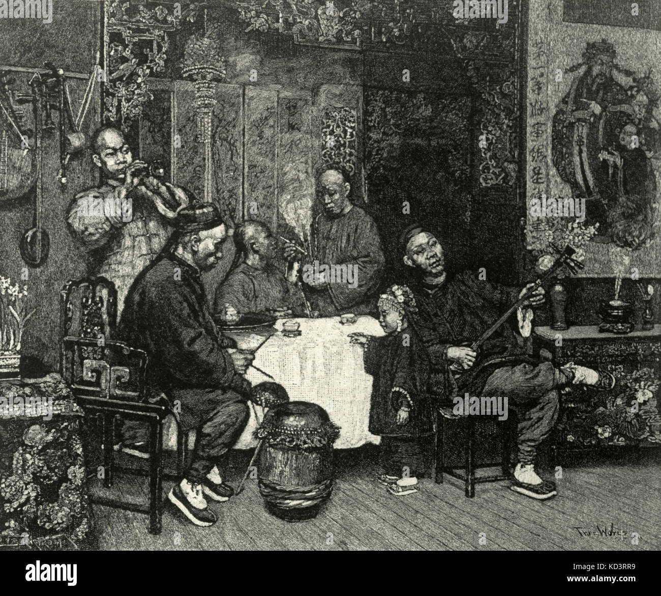 Ensemble China representada en Harper's Magazine de 1893. Hombre a la izquierda juega "na' o 'suona' (chirimía) hombre de derecho juega 'San hsien'. Tambor en primer plano. En la pared: 'San-hsien' & 'hu-chin". La costumbre de fumar opio Foto de stock