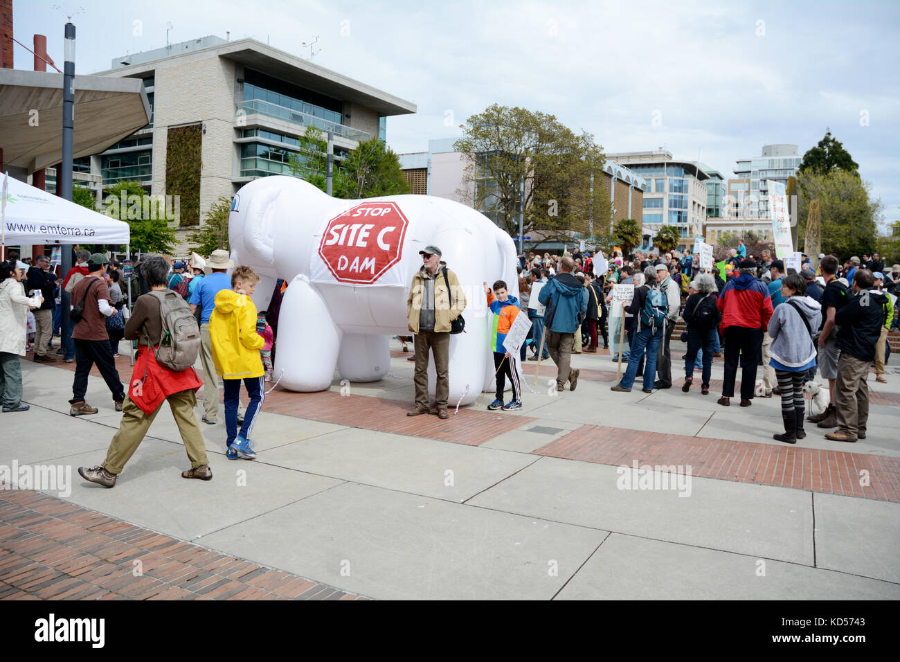 Activistas y manifestantes ambientalistas se reúnen en una protesta ambiental pacífica al aire libre en Victoria, British Columbia, Canadá. Foto de stock