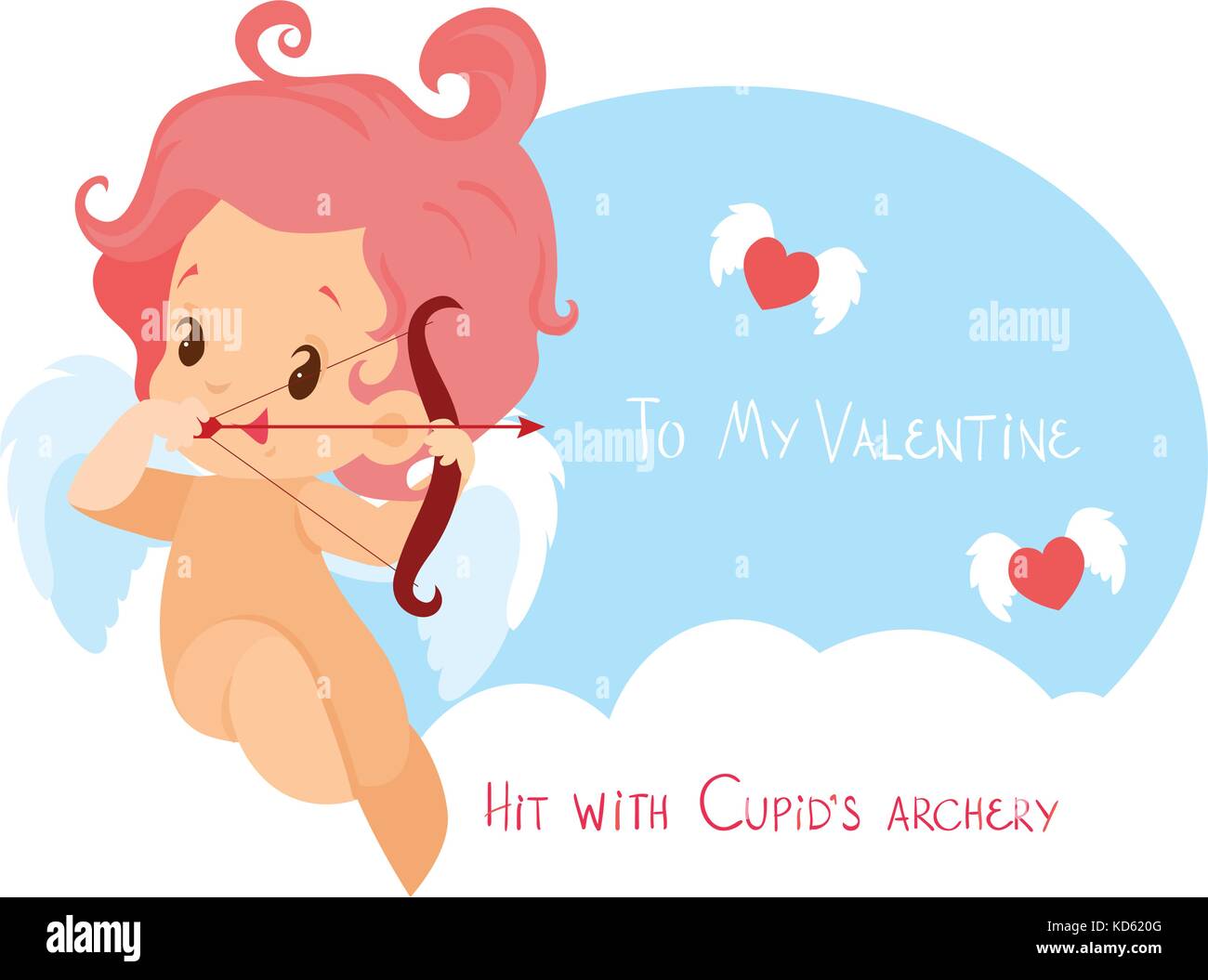 Cupid caza con Archer bow vuelo de corazones. Oferta de diversión manuscrita mensaje del Día de San Valentín Ilustración del Vector