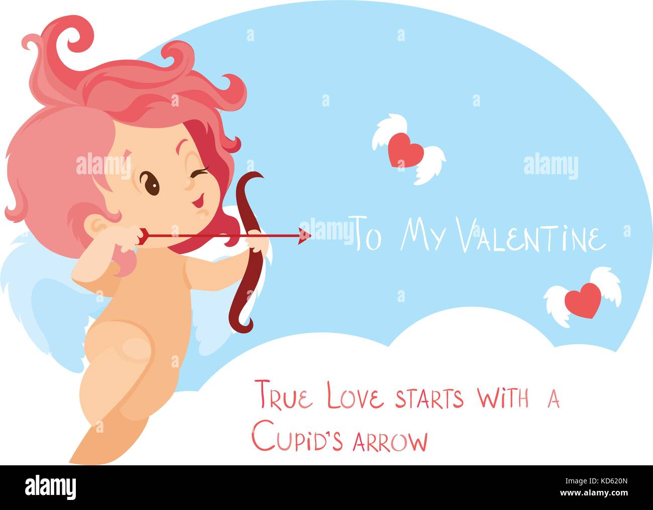 Cupid caza con Archer bow vuelo de corazones. Oferta de diversión manuscrita mensaje del Día de San Valentín Ilustración del Vector