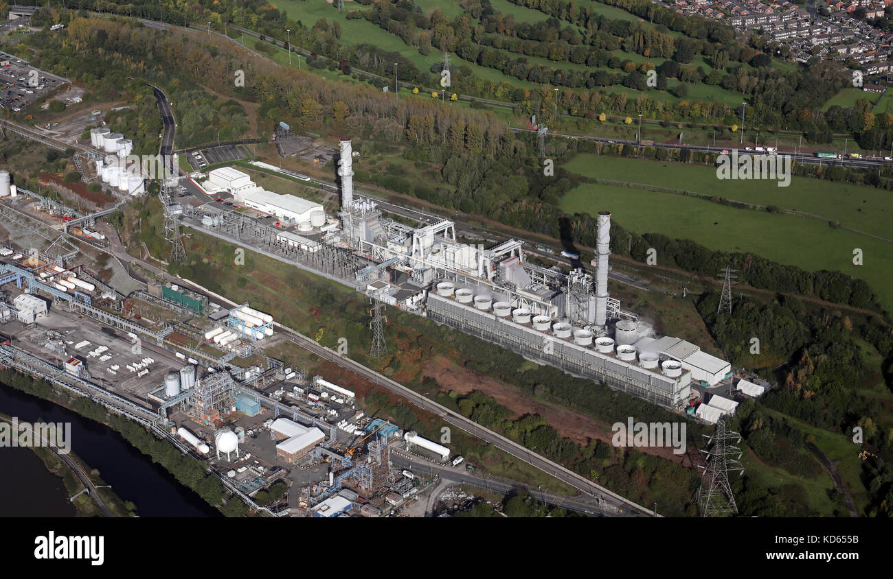 Vista aérea de la Rocksavage Power Station en Runcorn, Cheshire, Reino Unido Foto de stock