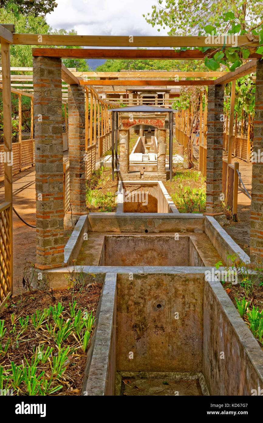 Jardín y curso de agua del Octavius Quarto house en las ruinas de la ciudad romana de Pompeya Scavi en Pompeya, cerca de Nápoles, en el sur de Italia. Foto de stock