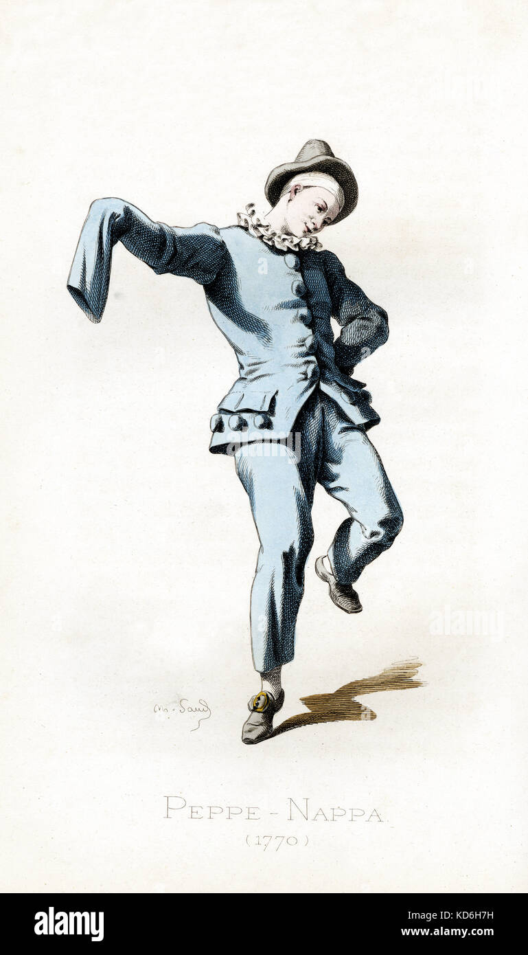 Peppe Nappa traje de fecha 1770 (el francés Pierrot), dibujados por Maurice Arena, publicado en 1860. Carácter de la Commedia dell'Arte. Carácter siciliano. Sicilia. Siervo. Foto de stock