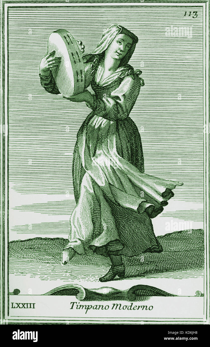 Mujer jugando timpano pandereta (moderno). Después del siglo XVIII la placa de 'Bonanni Gabinetto Armonico'. Ilustración 73. Timpano Moderno Foto de stock