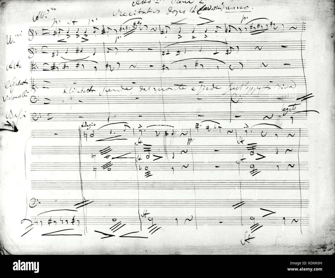 La mano de Donizetti partitura para su ópera 'Elisabetta", acto II, escena II. Foto de stock