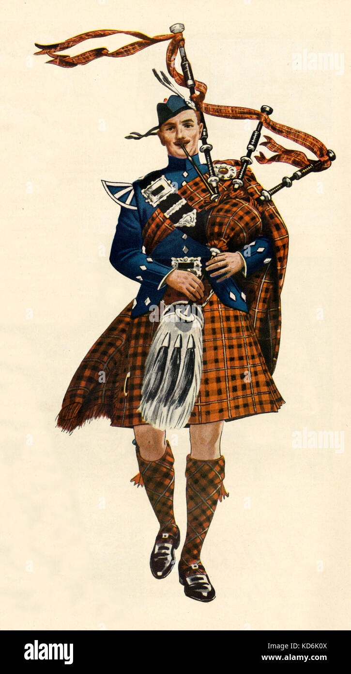 Reproductor de gaita escocesa en traje tradicional (Tartan de Cameron de Lochiel). Desde la página de anuncio de Dewar's "White Label" Scotch Whisky, de 31 de enero de 1949 la revista Time. Foto de stock