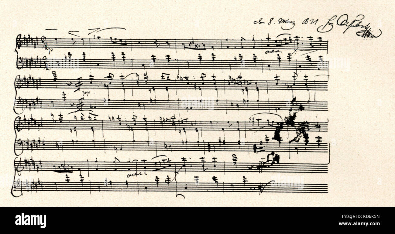 Franz Schubert MANUSCRITO manuscrito puntuación para un vals. Firmado y fechado 1821 compositor austríaco, 1797-1828. Franz Schubert. Foto de stock