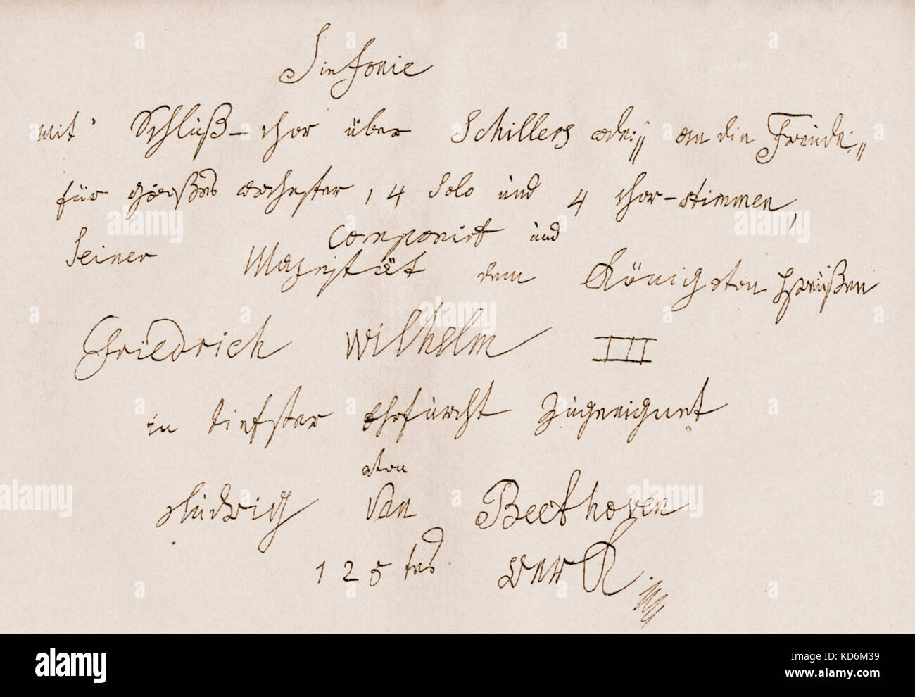 Ludwig van Beethoven dedicación nota para la novena sinfonía hecha al rey Federico Guillermo III de Prusia, en la escritura del compositor. Facsímil. La firma. Compositor alemán, el 7 de diciembre de 1770- 26 de marzo de 1827 Foto de stock