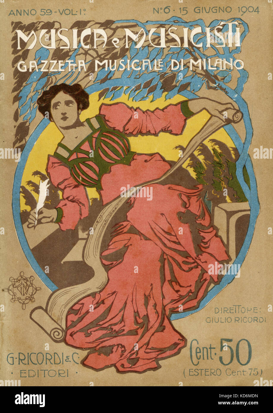Cubierta de vuelta la música italiana del siglo XX, la revista ' Musica e Musicisti ' , la gaceta musical de Milán, con mujer elegante vestido largo componiendo. Foto de stock