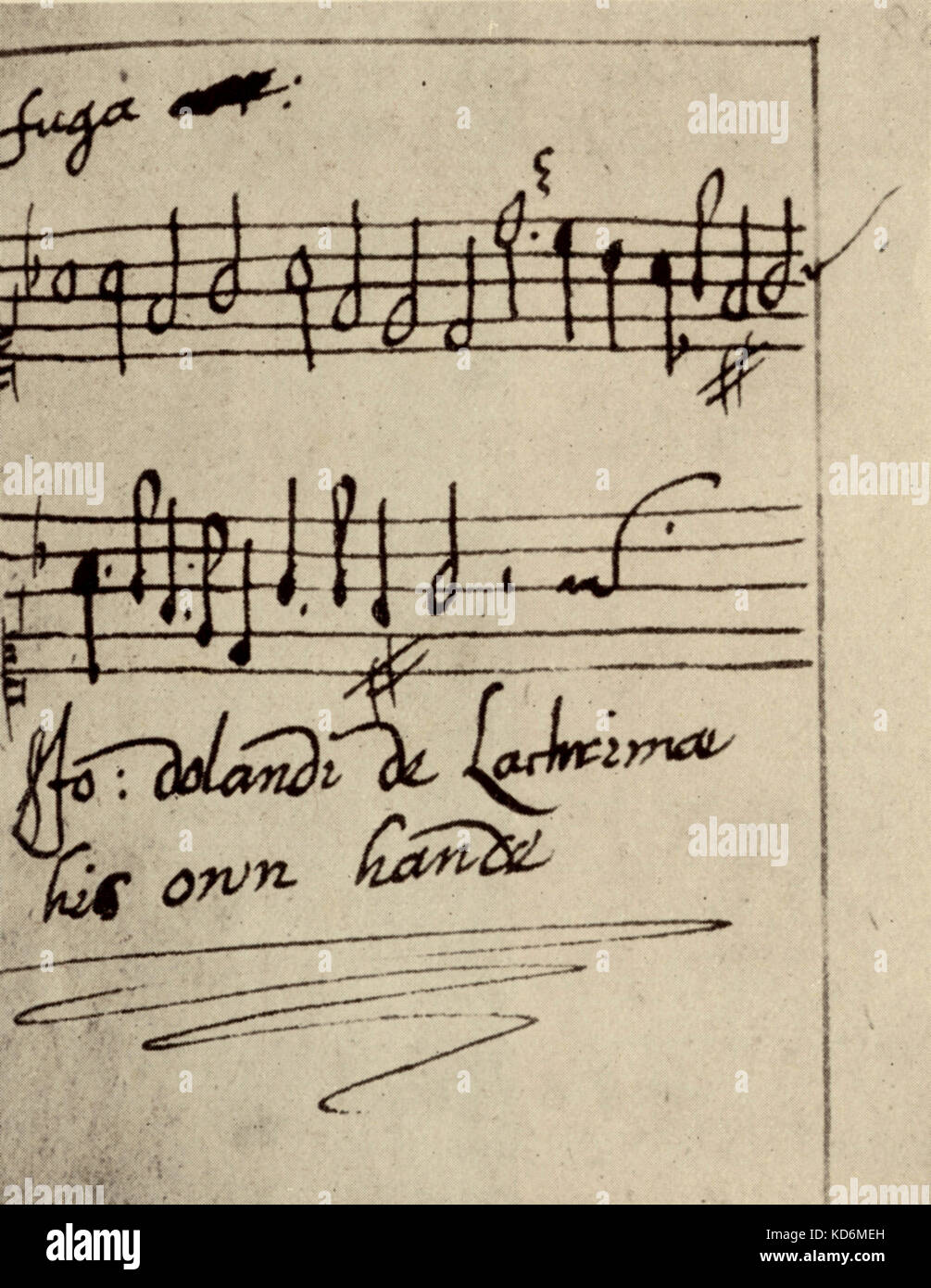 John Dowland 's firma manuscrita: autógrafo álbum-leaf (fuga sujeto) para el Album Amicorum ' ' de Johannes Celario de Nuremberg. Laudista y compositor inglés. 1563 - 20 de febrero de 1626. Foto de stock