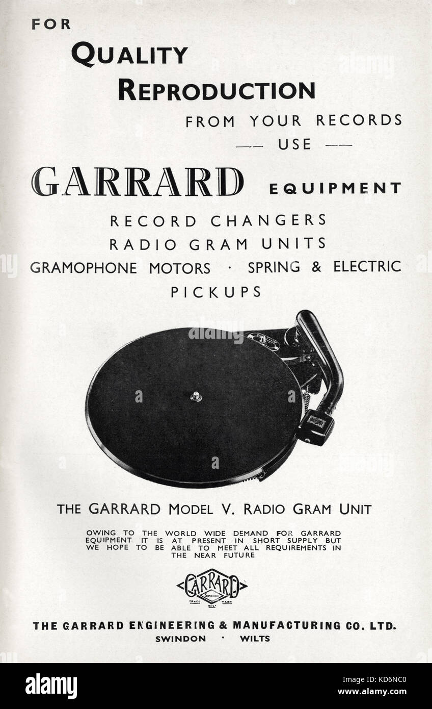 Anuncio Garrard para grabar-player, publicada en disco, el número uno, el Invierno de 1947. Foto de stock