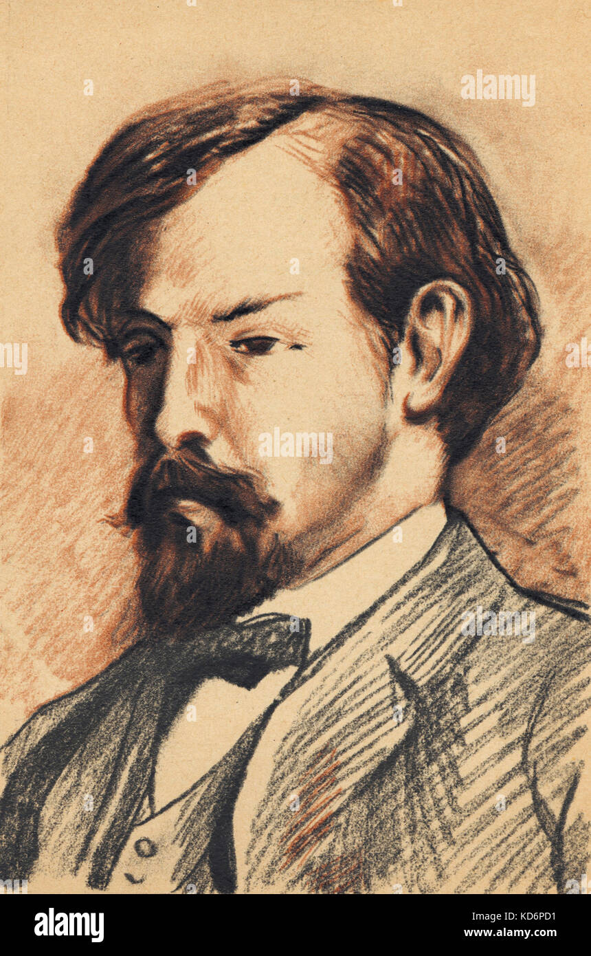 Claude DEBUSSY - retrato de dibujo a lápiz. El compositor francés. 1862-1918. Foto de stock
