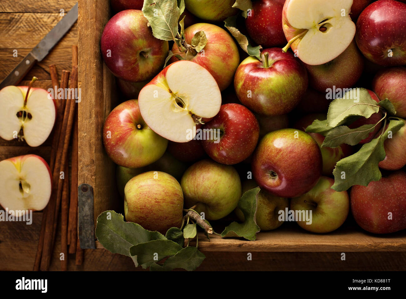 Las manzanas recién cosechadas en una jaula de madera Foto de stock