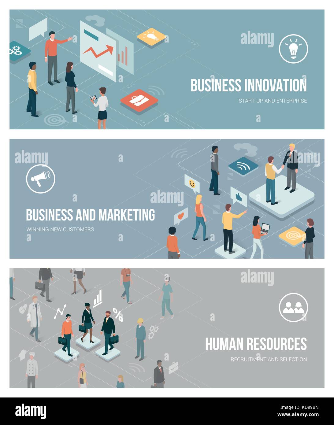 La innovación empresarial, marketing y recursos humanos banners con caracteres isométrica y app botones Ilustración del Vector