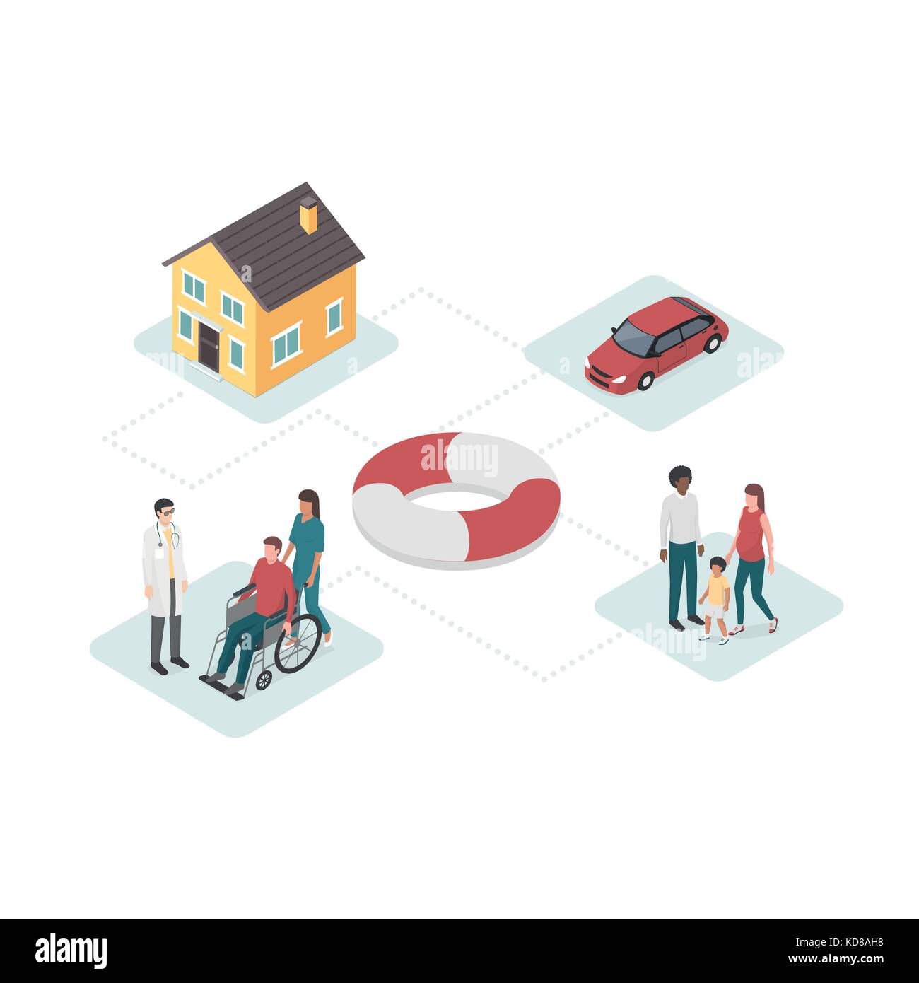 La casa, el coche, el plan de seguro de salud y familia con lifebelt en el centro: planes y servicios financieros concepto Ilustración del Vector